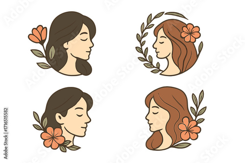 Woman face profile logo collection. Line art set for beauty salon, spa, cosmetics. Elegant, feminine girl head with flower and leaf. Natural, organic, boho vector icon pack.