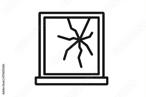 Broken window icon with shattered glass. Minimalistic line art symbol for concepts of damage, vandalism, or accidents. Vector illustration for web, apps, and insurance.