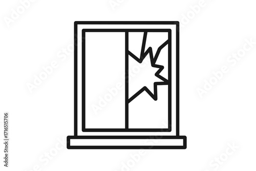 Broken window icon with shattered glass. Modern outline style vector illustration. Concept of vandalism, damage, accident, or emergency. Simple line art symbol for design.