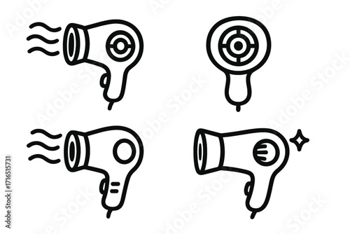 Hairdryer icon set. Vector cartoon illustration of blow dryer. Simple outline pictogram collection for hair care, styling, beauty salon. Hot air symbol for web, app.