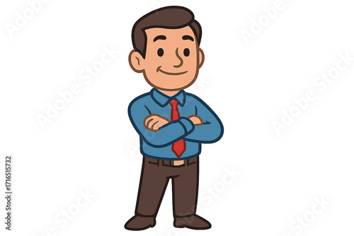 Confident businessman character with arms crossed. Cartoon man smiling. Professional office worker, manager or employee. Vector illustration for business and corporate concepts.