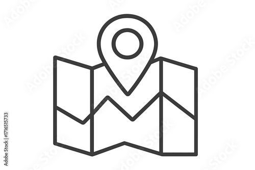 Location pin on a folded map icon. Vector line art for navigation and travel. GPS marker symbol for destination, position, and direction finding. Simple outline graphic design.