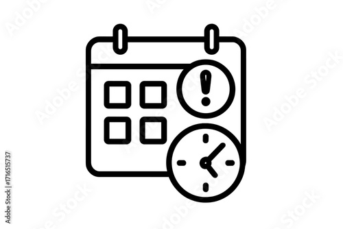 Deadline reminder icon. Time management concept with calendar, clock, and urgent notification. Event planning, schedule, and appointment symbol. Vector line art illustration.
