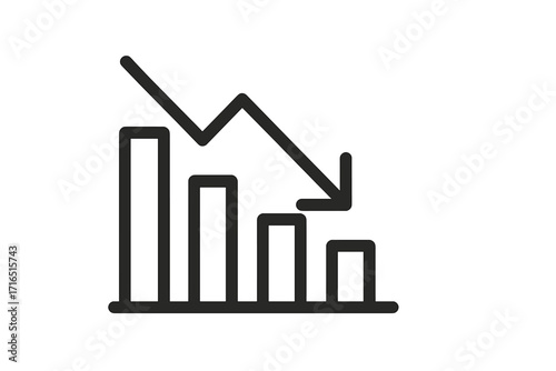 Decrease icon. Chart with arrow down. Graph of decline. Concept of financial crisis, market fall, recession. Business loss symbol. Stock reduction vector illustration.