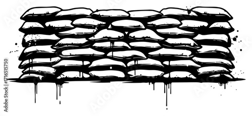 Sandbag Wall Barrier with Grunge Ink Drips – Black Vector Silhouette
