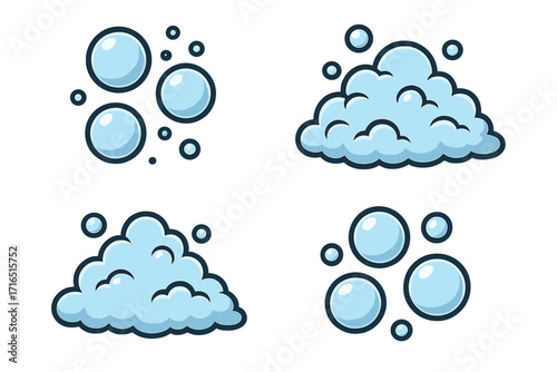 Bubble and foam icon set for graphics and apps. Vector cartoon illustration of soap suds, lather, and fizzy water. Clean and wash concept. Aqua cleaning elements collection.