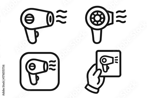 Hair dryer icon set vector collection. Blow dryer line art symbol for web, app. Hairdressing salon equipment pictogram. Simple hot air appliance for beauty and hair care.