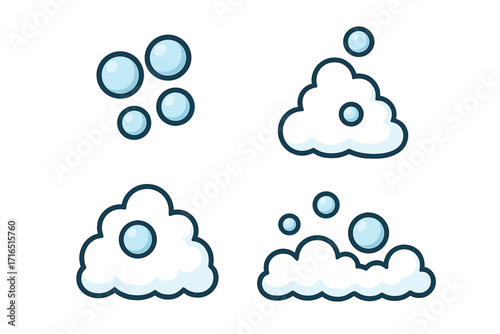Soap bubble and foam icon set. Vector cartoon illustration for cleaning, washing, shampoo concepts. Suds and lather graphic element. Blue fizzy water on transparent background.