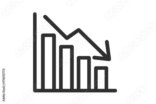 Financial crisis chart. Stock market crash graph. Business loss symbol. Decrease, failure, recession vector icon. Decline arrow on bar diagram for finance report.