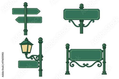 Set of vintage green street signs from Malioboro, Yogyakarta. Vector illustration of classic signposts and a lamppost. Blank signboards for direction, information, and guidance.