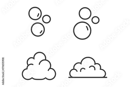 Bubble and foam linear icon set. Soap suds, washing foam, fizzy drink air bubbles vector symbols. Clean, laundry, shampoo, carbonated water concept illustration.
