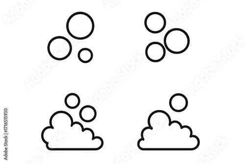 Soap bubble and foam line icon set. Vector pictogram for cleaning, washing, laundry. Suds, lather, detergent concept. Fizzy drink, soda, champagne bubbles. Hygiene symbols.