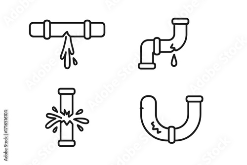 Broken pipes linear icon set. Plumbing problems vector illustration. Leaking, bursting, and cracked water pipes. Pipeline damage, drainage issues, and emergency repair.