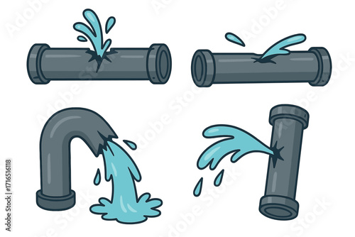 Leaking broken pipes vector cartoon illustration set. Water bursting from damaged pipeline. Plumbing problem, leakage, and tube crack concept for emergency repair service.