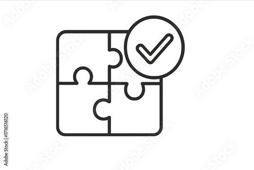 Puzzle solution icon. Problem solving concept. Jigsaw pieces with check mark. Metaphor for success, completion, and teamwork. Business strategy and integration verified.