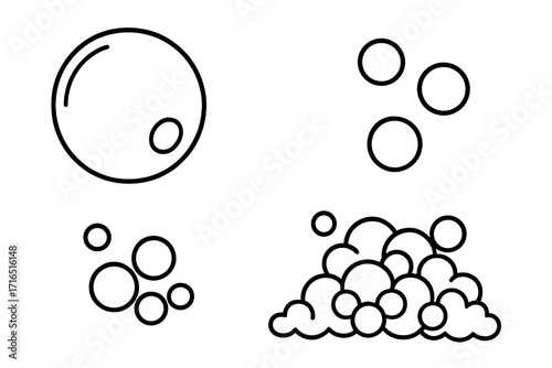 Bubble and foam outline icon set. Vector collection of soap suds, water fizz, and effervescent bubbles. Simple linear graphic elements for cleaning, washing, and design.