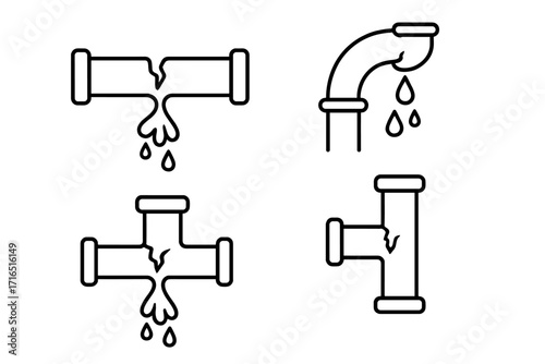 Broken pipe linear icon set. Leaking water pipe, plumbing damage, burst pipeline concept. Vector cartoon illustration for pipeline repair service, home maintenance ads.