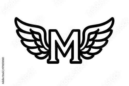Monogram letter M logo with wings. Winged initial M icon for branding. Vector emblem concept for aviation, automotive, delivery, or freedom. Flying angel wing symbol.