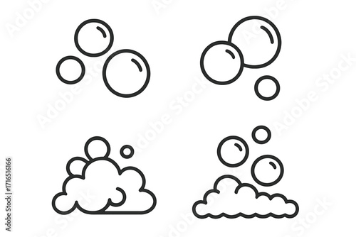 Bubble and foam outline icon set. Simple linear vector of soap suds for washing or cleaning. Fizzy air bubbles for water and drinks. Editable stroke illustration.
