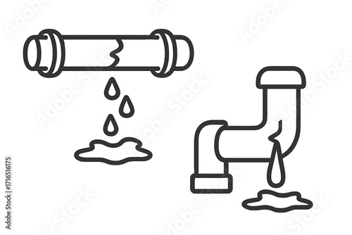 Broken pipe line icon set. Water leak, dripping, and damage concept. Plumbing problem symbol. Burst pipeline, leakage, and water damage vector illustration for emergency repair.