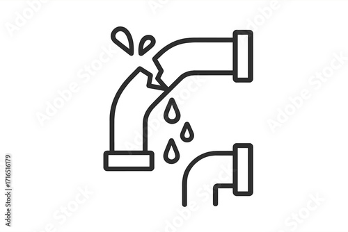Broken pipe outline icon. Water leak, plumbing problem concept. Burst pipeline, leakage, dripping water. Damage, emergency, repair service symbol. Line art vector illustration.