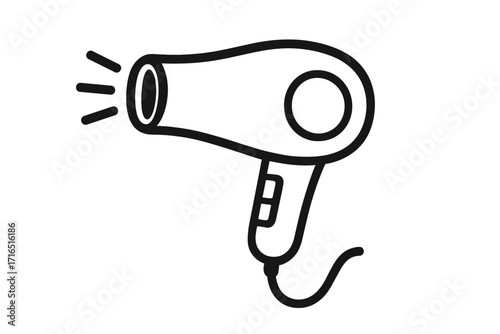 Hair dryer icon vector line art illustration. Simple black and white blow dryer symbol for beauty salon, hairdresser, or web app. Hair styling and grooming appliance concept.