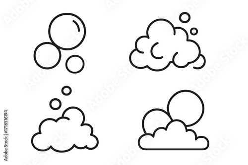Bubble and foam outline icon set. Simple linear image collection for web and apps. Vector cartoon illustration with editable stroke. Soap, suds, lather, fizzy drink concept.