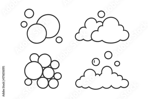 Bubble and foam outline icon set. Vector collection of simple line art symbols for soap, suds, and water. Clean and wash concept for web, app, and graphic design.