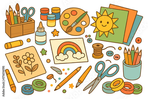 Kids art and craft supplies set for creative projects. Collection of school and hobby tools like pencils, paint, scissors, and paper. DIY vector cartoon illustration concept.