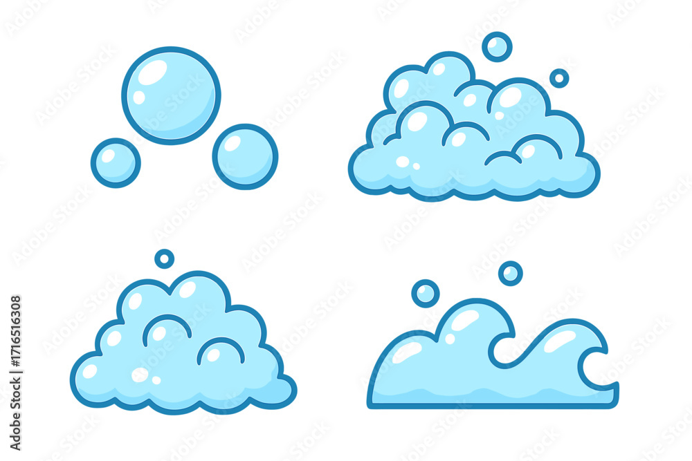 Bubble and foam icon set for web and apps. Vector cartoon illustration of soap suds, lather, water wave splash, and fizzy drink. Clean, washing, and hygiene concept.