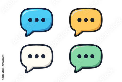 Colorful chat bubble vector icon set. Speech bubbles for messaging, apps, social media, web design. Communication, dialogue, forum symbol. Flat cartoon illustration.