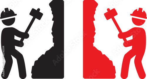 hammer, vector, illustration, design, worker, with, icon, construction, man, person, silhouette, black, red, sledgehammer, breaking, rock, stone, wall, demolition, building, industry, labor, hard, wor