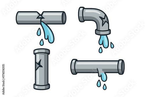 Set of broken pipes vector icons. Water leak from damaged pipeline. Plumbing problem symbol. Cartoon illustration of burst pipe with dripping water drops. Isolated elements.