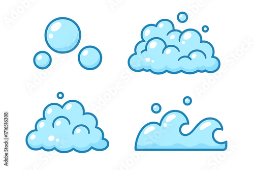 Bubble and foam icon set for web and apps. Vector cartoon illustration of soap suds, lather, water wave splash, and fizzy drink. Clean, washing, and hygiene concept.