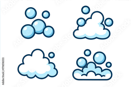 Soap bubble and foam icon set for cleaning. Vector cartoon illustration of suds, lather, and fizz. Concepts for laundry, washing, bath, shampoo, and sparkling water.