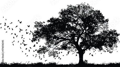 Tranquil Tree Silhouette with Birds - Vector Illustration for Creatives