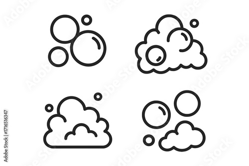 Soap bubble and foam modern outline icon set. Vector graphic of lather, suds, and fizzy liquid. Line art symbols for washing, hygiene, cleaning products and cosmetics.