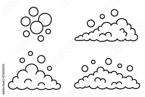 Soap foam and bubbles outline icon set. Lather, suds, and fizz vector collection. Simple line art for cleaning, washing, bath, and laundry concepts. Carbonated water.