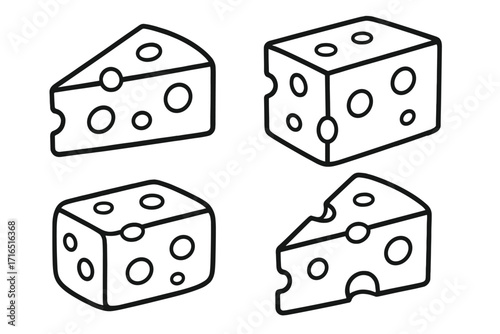 Cheese line icon set. Vector collection of swiss, maasdam, emmental cheese pieces. Dairy food symbol. Simple outline drawing for logo, menu, web, pictogram, apps.