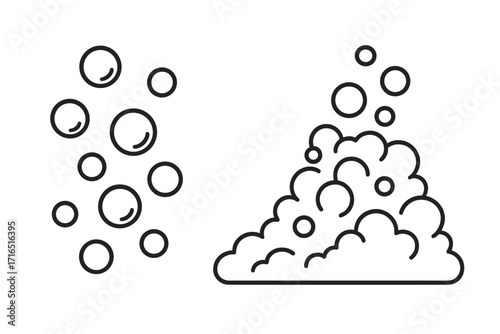 Soap foam and water bubbles outline icon set. Vector illustration of fizzy soda pop, shampoo lather, and suds. Minimalist line art graphic for cleaning or laundry concept.