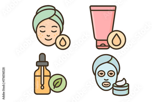 Skincare vector icon set. Daily beauty routine, face care treatment. Woman with facial mask, cosmetic cream jar, natural serum oil, lotion tube. Dermatology graphic concept.
