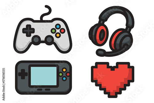 Video game icon set. Gaming culture elements with controller, headset, and handheld console. Pixel heart life symbol. Vector cartoon illustration for gamer hobby and entertainment.
