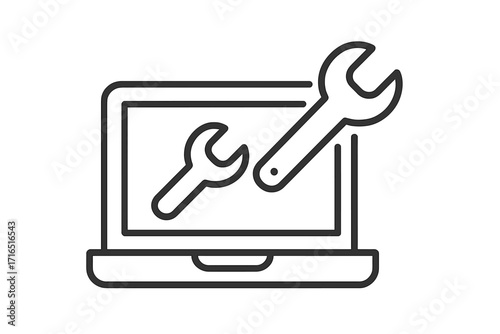 Laptop repair service icon. Computer maintenance and tech support symbol. Vector line pictogram for web. Wrench tool for fixing, settings and IT troubleshooting.