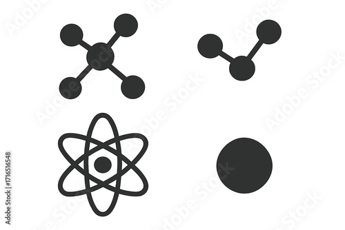 Atom, molecule, chemical compound icon set. Vector flat illustration for science, physics, chemistry. Simple minimalist graphic signs for scientific concept or connection.