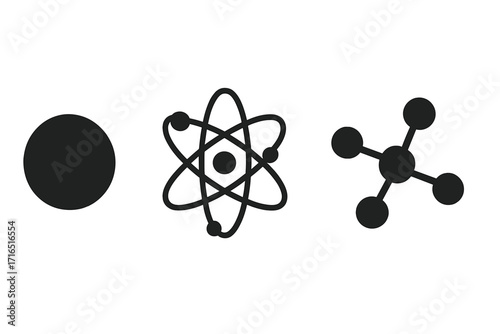 Atom, molecule, chemical compound science icon set. Simple flat vector signs for physics, chemistry, education. Nuclear energy, particle, and molecular structure symbols.