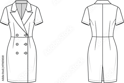 Women’s short sleeve blazer dress fashion flat sketch vector, double breasted design, front and back view, garment construction, clothing illustration