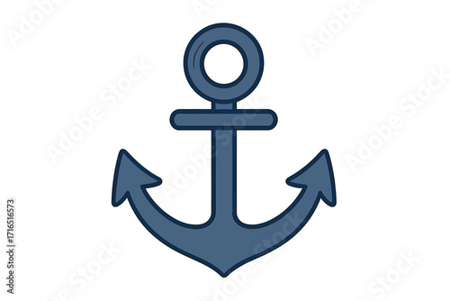 Blue anchor vector icon, a flat cartoon illustration for marine and nautical design. Ship or boat equipment symbol representing safety, stability, travel, the sea, and the navy.