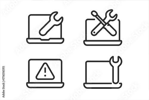 Laptop repair icon set. Computer service and maintenance line icons. Tech support, diagnostics, and troubleshooting symbols. Wrench, screwdriver, and error alert sign vector.