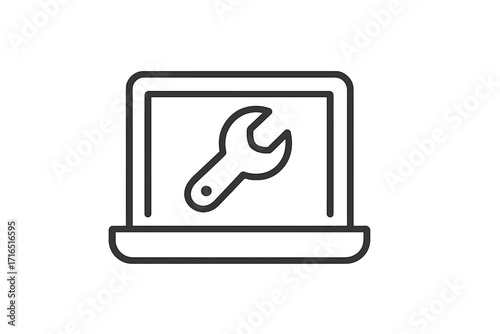 Laptop repair service icon. Computer maintenance and tech support symbol. IT help sign. Wrench on screen for settings and configuration. Fix device pictogram for web design.