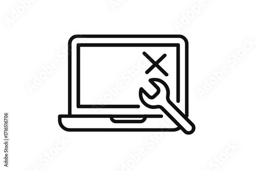 Laptop repair service line icon. Computer fix and maintenance concept. Notebook problem, hardware error symbol. Technical support, diagnostics sign for web and apps.